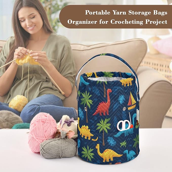 Tatenale Crochet Bag Yarn Bag Knitting Project Bag with Pockets and Handle Portable Yarn Storage Organizer Tangle Free 8.3x11 InchTropical Leaves and Multicolored Dinosaurs34