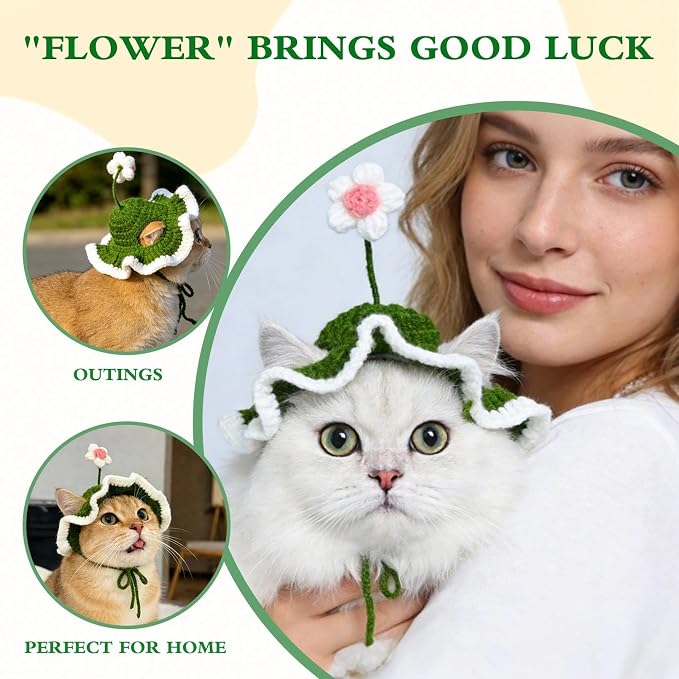 Flower Cat Hat, Cotton & Soft Cute Knitted Hats for Cats Birthday Party Spring Puppy Hat for Small Pets (Green,M)