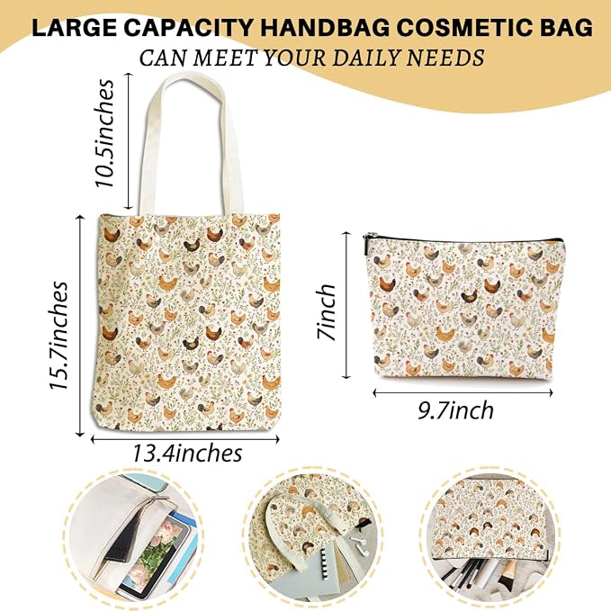 Cute Farm Animal Chicken Gifts for Women Girls Sister Chicken Lovers Mom Makeup Bag Canvas Tote Bag, Reusable Grocery Bags with Inner Pocket for Beach Camping Shopping Birthday Christmas