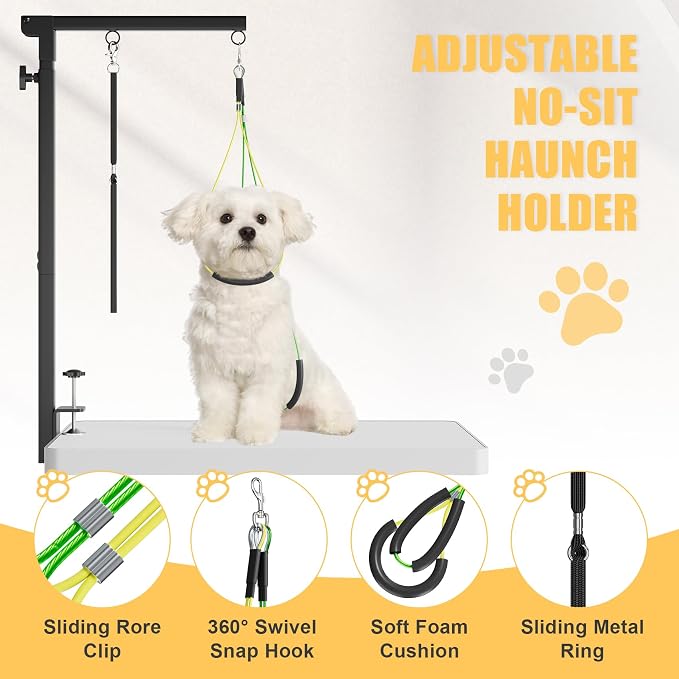 Foldable Dog Grooming Arm with Clamp - Adjustable Grooming Table Arm with No-Sit Holder & Hammock, Includes Pet Grooming Scissors & Comb Set | for Small Medium Dogs | Home Use & Professional Salon