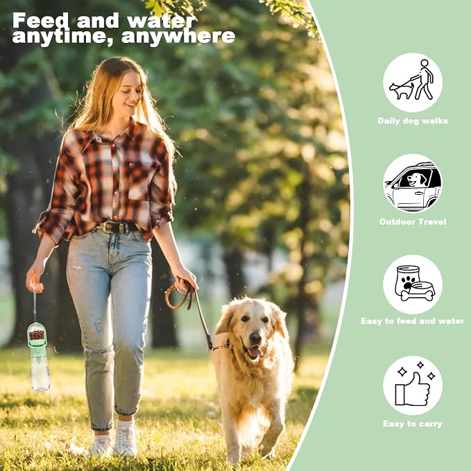 Green Large Portable Dog Water Bottle with Food Container | Travel Dog Water Bowl(500ml),Food Container(180ml),Leak-Proof,2-in-1 Pet Essential Outdoor Supplies for Walks Hikes Campsites