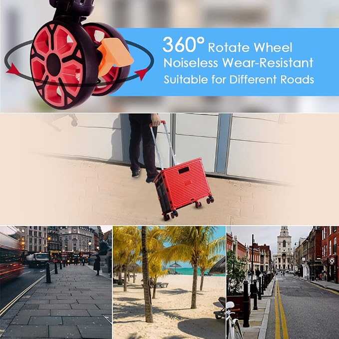 Foldable Utility Cart Portable Collapsible Crate Rolling Carts with Wheels Rolling Tote Basket Teacher Cart with Lid Wear-Resistant 360°Rotate Wheel Noiseless for Shopping Storage Office Use