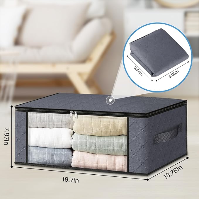 HomeHacks 6-Pack Clothes Organizer Storage Bags Foldable Storage Box with Large Clear Window Sturdy Handles for Closet, Dorm, Pillows, Bedding, Clothes, Stuffed Toys, Blankets, 35L, Grey | Foldable Storage Box Container with Zippers, Clear Window, Rein...
