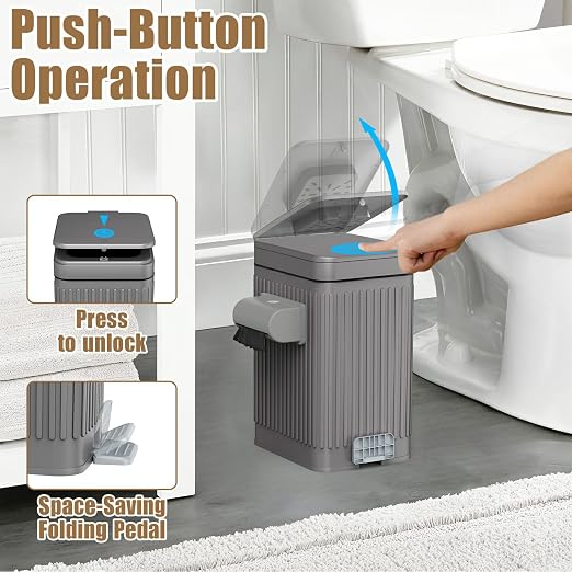 Dog Poop Trash Can for Outside & Indoor, 5L/1.3Gal Small Pet Waste Bin with Odor Control Carbon Filter Lid, 2-Way Open (Step & Press Top), Dog Waste Container with Bag Holder, Grey