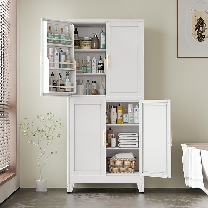 White Kitchen Pantry Storage Cabinet, 75" Metal Storage Cabinet | Steel Storage with Doors and 3 Adjustable Shelves, Metal Freestanding Buffet Cupboards Sideboard, for Office, Home, School