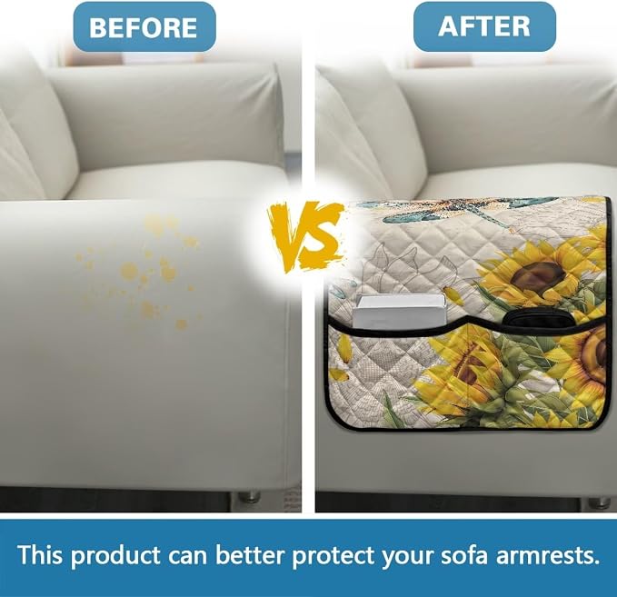 Sunflower Dragonfly Sofa Arm Covers Couch Arm Rest Covers for Sofa Cat Scratch Proof Slipcover Easy to Clean Armchair Cover Reusable Furniture Protector