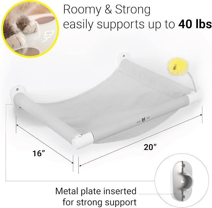 Cat Hammock Wall Mounted with Toy, Soft Padded & Comfortable Cover, Modern Design Premium Cat Furniture Shelf, Supports up to 40 lbs (Comfy Plus, White)