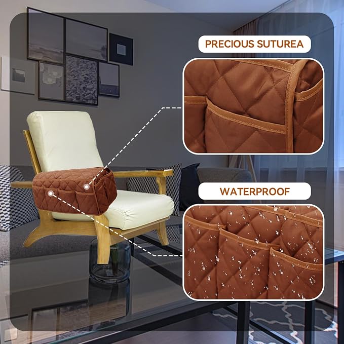 MEHIDFY Armchair Caddy, Waterproof Sofa Armrest Organizer, Non Slip Recliner Organizer, Remote Holder for Recline, Recliner Caddy with 14 Pockets Storage for TV Remote, Phone, Magazine (Brown)