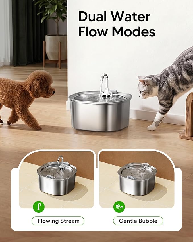 PEKTACO Cat Water Fountain, 3.2L/108oz Stainless Steel Pet Water Fountain for Cats Indoor, Dog Drinking Dispenser Metal Kitty Spout with 6 Filters+ 6 Sponges