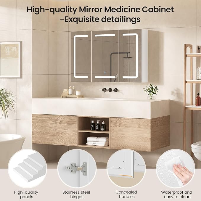 Medicine Cabinet Organizer with Mirror, Lighted Bathroom Medicine Cabinet with Storage, 3 Doors Bathroom Wall Cabinet with LED Lights, Adjustable Shelves & Outlets, 35.4'' x 23.6'', White