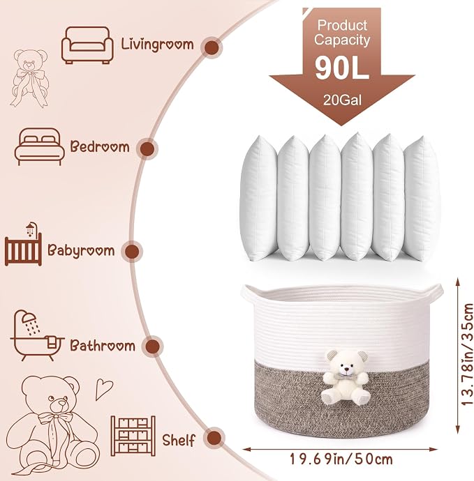 LemonRoad Extra Large Basket 20"x14", Woven Basket for Laundry Blanket Toy Box with Handle Storage, Blanket Storage for Living Room Nursery Pillows Chest(Cotton Rope,White Bear,Brown)