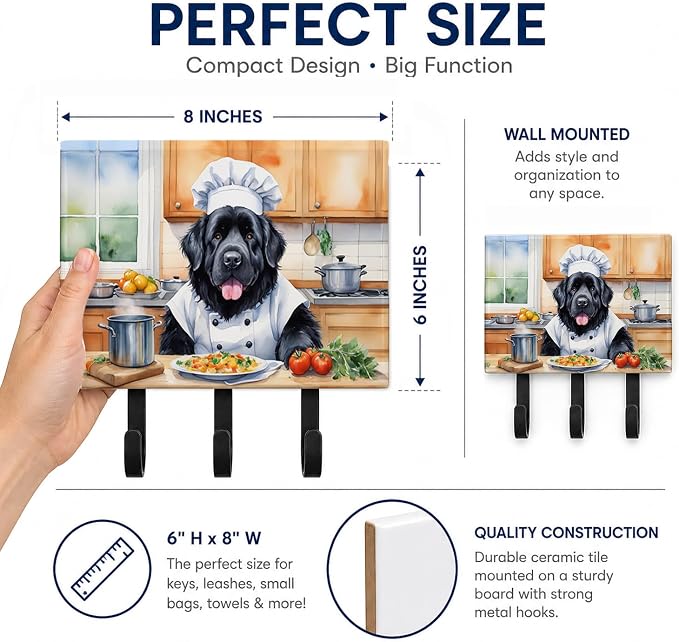 Caroline's Treasures Newfoundland The Chef Leash or Key Holder Wall Hooks, Key Hooks Holder, Coat Rack Wall Mount, Coat Hooks, Hooks for Hanging Keys, Towels, Aprons, Leashes | Newfoundland The Chef artwork on ceramic tile with three steel hooks for ke...