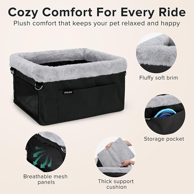 JOEJOY Deluxe Dog Booster Seat with Sturdy Metal Frame and Safety Leash for Small Pets up to 20 lbs - Portable Puppy Dog Car Seat with Thick Cushion and Storage Pockets for Small Dogs, Black