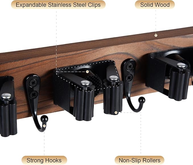 FunCee Broom Holder Wall Mount With 5 Slots & 4 Hooks，Rustic Wood Broom & Mop Hanger，Wall Mounted Garden & Garage Tool Storage Organizer Rack for Closet Laundry Room or Kitchen Wall Decor