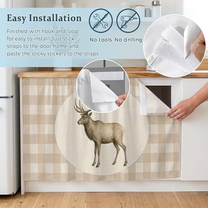 Majestic Buck Cabinet Curtains 28"x51" Sink Skirt for Bathroom Kitchen, Vintage Natural Buck Rustic Linen Plaid Self Stick Adhesive Under Desk Covers Tall Laundry Cabinet Storage Organizer