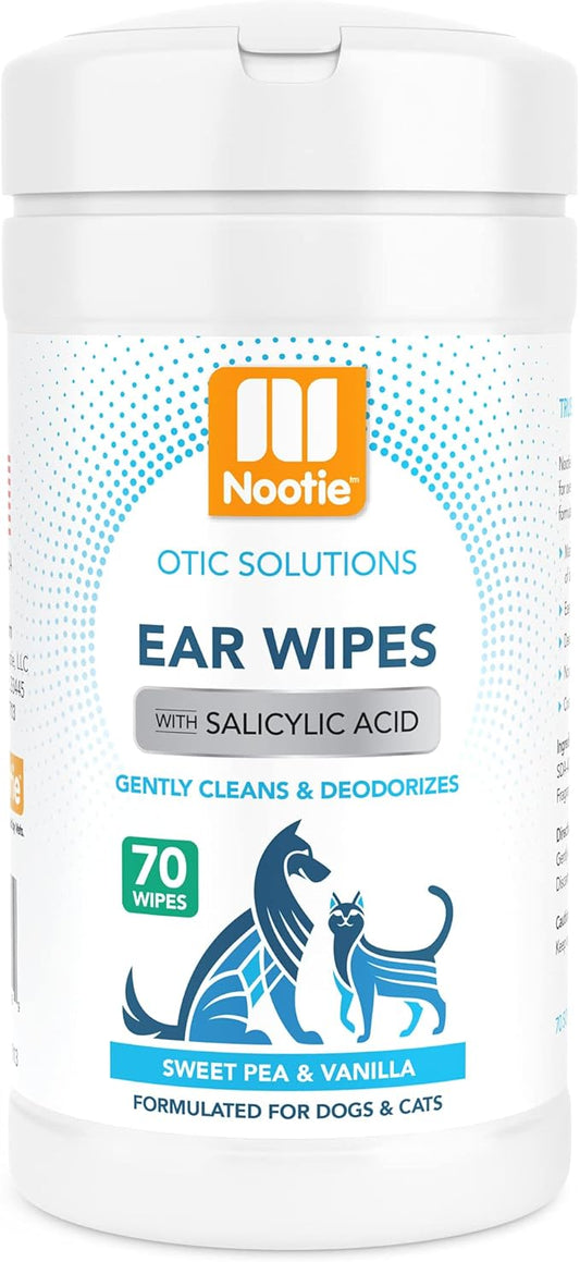 Nootie Ear Wipes for Dogs & Cats with Salicylic Acid - Made in U.S.A. Sweet Pea & Vanilla Scent - 70 Wipes Large Size