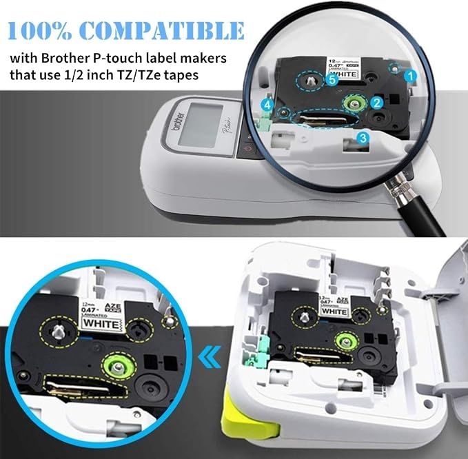 Compatible Label Tape for Brother P Touch TZe 12mm 0.47 Inch, 8-Pack | Black on White/Orange/Clear/Red/Blue/Yellow/Green, PT-D210 H110 D400 Label Maker, Laminated