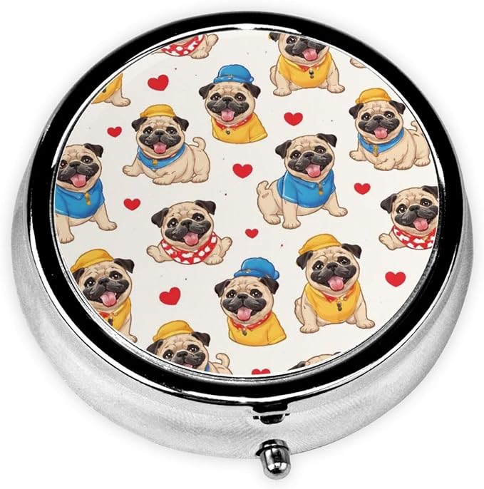 Love Pug Portable Pill Organizer | 3 Compartment, With Mirror, For Men Women, For Daily Supplements, Vitamins, Fish Oil, Jewelry, Candy, Travel