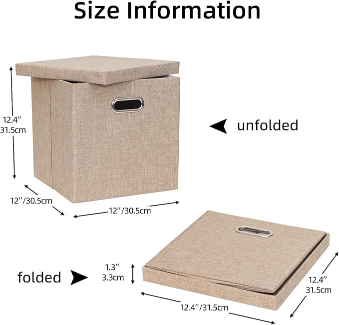 Storage Bins with Lids, Linen Fabric Boxes Organizer Containers with Lid Foldable Storage Box Basket for Closet, Shelves, Home, Office, 12 x 12 x 12 Inch, 4 Pack, Khaki, AG3006-7