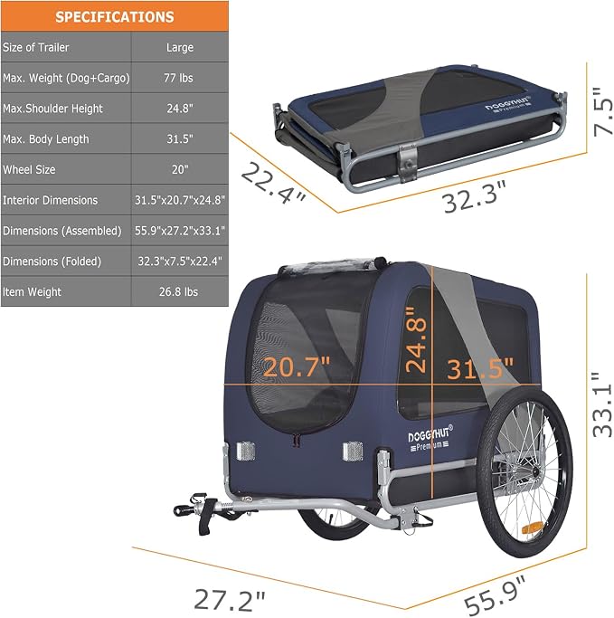 DOGGYHUT® Premium Large Pet Bike Trailer Up to 77 lbs (Blue) | Bicycle Trailer for Small Medium or Large Dogs, Dog Bicycle Carrier, Low Center of Gravity, Folding Frame Cart