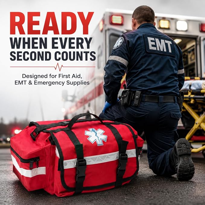 NOVAMEDIC NM-RO63P Professional First Responder Bag, 17” x 9” x 7” Empty EMT Trauma Kit Carrier with Removable Dividers, Reflective Strips, Water-Resistant Base for Emergency Medical Supplies (Red)