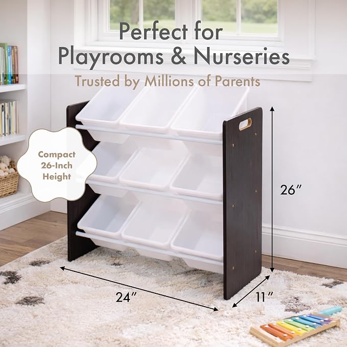 Humble Crew Toy Storage Organizer with 9 Removable Storage Bins for Kids Playroom, 3-Tier Toddler Toy Organization and Storage, Espresso/White