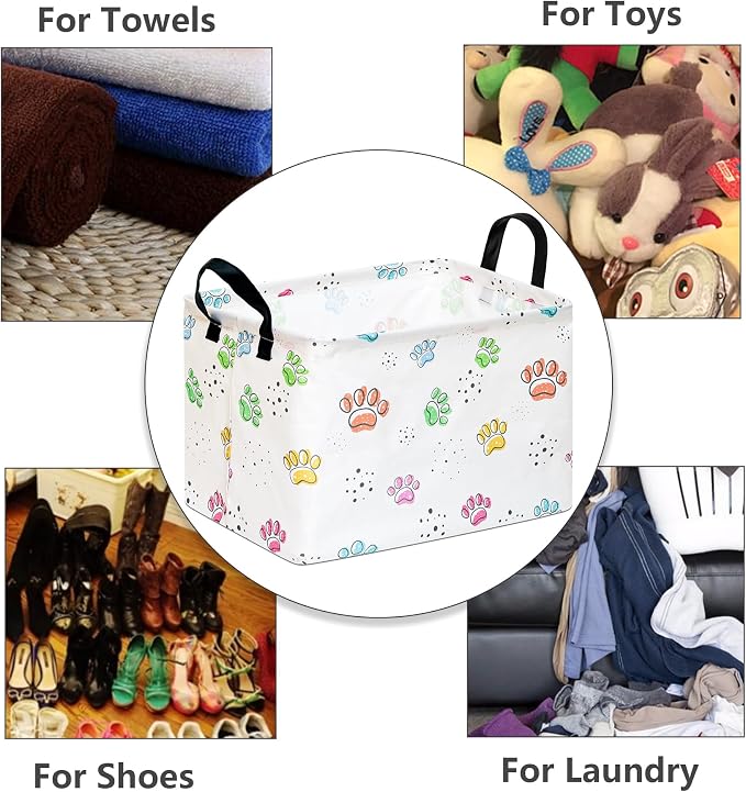 Baby Storage Basket,Colorful Dog Paw Print,Waterproof Lining, Leather Handles, Collapsible for Kids Toys, Pets Supplies, Gift Basket