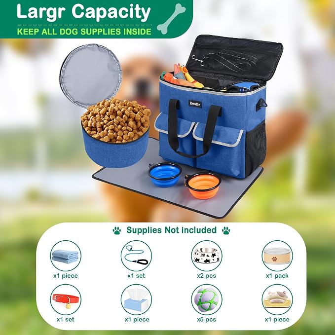 Dog Travel Bag - Dog Travel Kit for a Weekend Away Set Includes Pet Travel Bag Organizer for Accessories, 2 Collapsible Bowls, 2 Travel Food Container