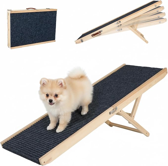 Wooden Dog Ramp for Couch High Bed, Non Slip Pet Ramps for Small Dogs and Cat with 4 Adjustable Height from 9.84'' to 17.91'', Portable 40'' Long Foldable Ramp for Dogs to Get on Bed Car