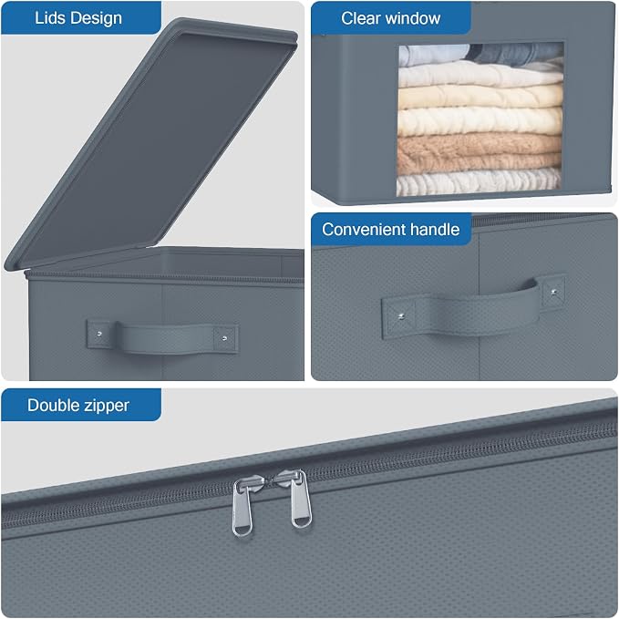 Zilink Fabric Foldable Storage Boxes with Lid Storage Bins, Grey, 4Pack | Stackable, Smooth Zipper, Clear Window, Fabric Closet Containers and Organizers for Home, Office, Bedroom