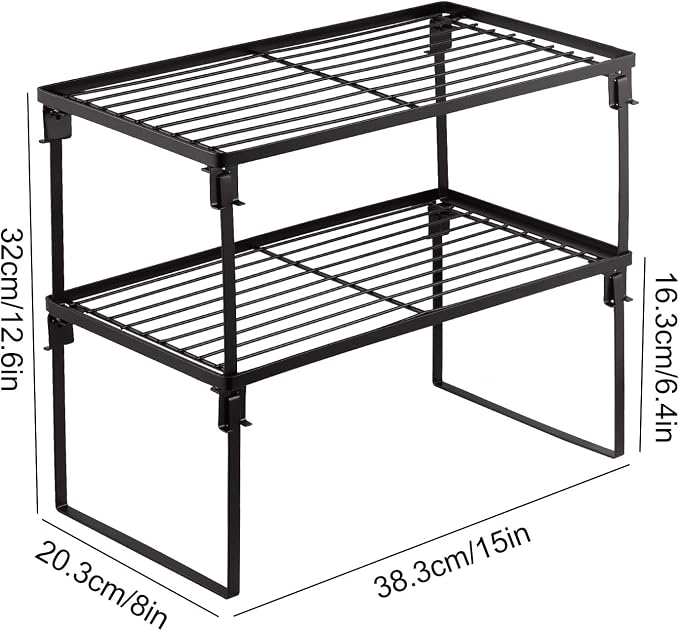 Tomorotec 2-Pack Stackable Kitchen Storage Shelf Rack Metal Cabinet Shelves | Metal Cabinet Organizer Shelf for Spices, Pantry, Cupboard Countertop, with Removable Support Legs for Easy Storage (Black)