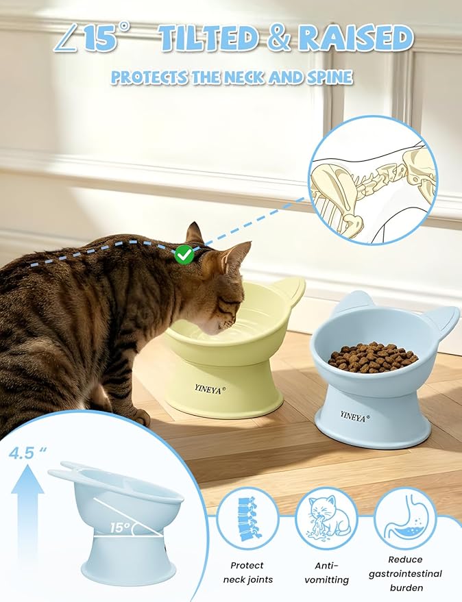 YINEYA Elevated Cat Bowls 2 Pcs, Cat Food Bowl to Protect Neck & Anti-Vomit, Whisker-Friendly Raised Food and Water Bowls Set for Indoor Cats/Small Dogs, Cute Pet Feeding Bowl 6 OZ Each, Yellow & Blue