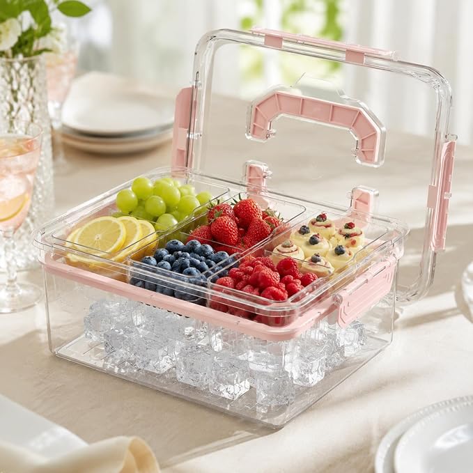 VECELO Ice‑Chilled Serving Tray with 3 Removable Draining Compartments, Cold Food Platter for Party Picnic Buffet,Pink