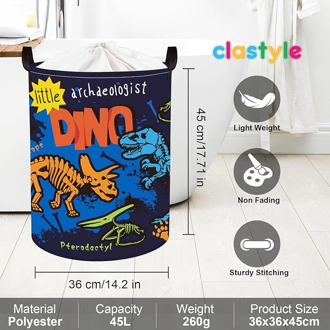 Clastyle Large Boho Dinosaur Pterosaur Boy Book Toy Storage Basket for Kid | Dino Skeleton Dirty Clothes Laundry Hamper, Colorful 45L Waterproof Nursery Playroom Bedroom Bathroom Shelf, Blue Dragon