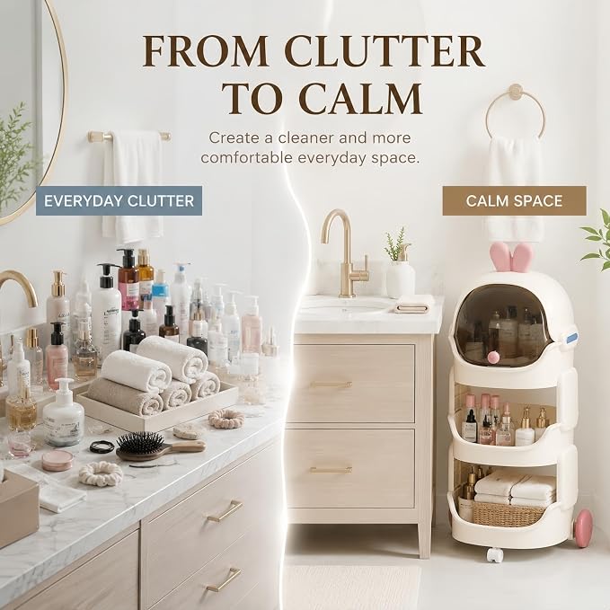 Rolling Storage Organizer with Lockable Wheels, 2-Tier Mobile Storage Shelf with Dustproof Top Bin, Small Organizer Cart for Bathroom, Vanity, Bedroom, Office, Cosmetics, Toiletries & Daily Essentials