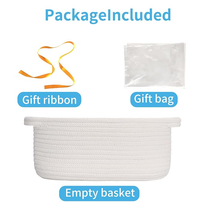 ABenkle Small Basket Empty Gift Basket, Decorative Boho Rope Woven Nursery Storage Organizer Dog Toy Baskets for Baby Showers Christmas Easter with Gift Bags and Ribbons, 12"X 8" X 5", White