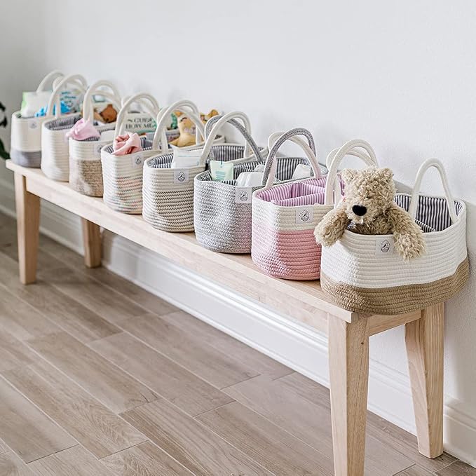 OrganiHaus Rope Diaper Caddy Organizer, Nursery Basket, Stitches Rainbow | Woven handles; a toy bin, laundry bin, or newborn essentials storage; great for car, baby shower gifts, or bedroom decor