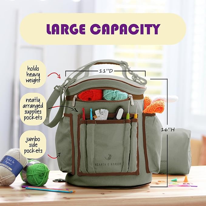 Hearth & Harbor Crochet Bag Organizer – Durable Knitting Bag, Yarn Organizer for Accessories and Supplies, Canvas Yarn Holder, Crochet Carrying Case with Accessories Pouch, Storage Organizer – Green