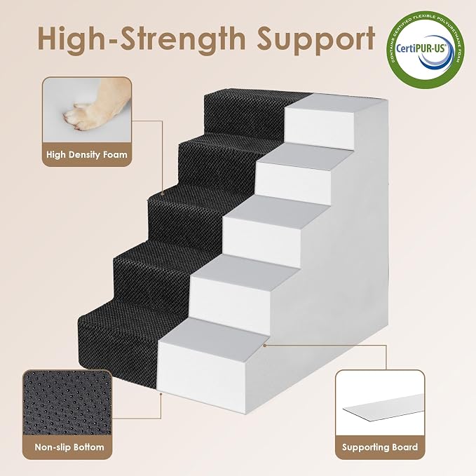 EHEYCIGA Dog Stairs for High Bed 25" H, Extra Wide Dog 5-Step, Black | Pet Steps for Small Dogs and Cats for Bed, Non-Slip Balanced Pet Ramp Indoor