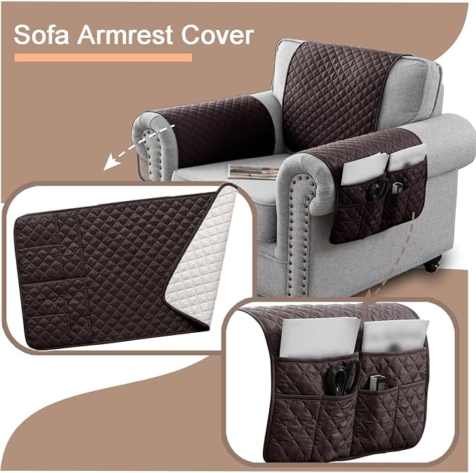 Water-Resistant Sofa Armrest and Headrest Covers with Side Pocket | Keep remotes close quilted polyester helps guard against wear, pet scratches, and kids' messes silicone backing adds grip