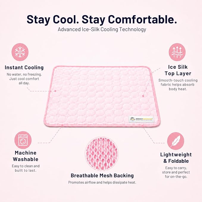 Doggykingdom Cooling Mat for Dogs – Ice Silk Self-Cooling Pet Pad for Dogs & Cats, Breathable Washable Cooling Pad for Crate, Kennel, Car & Floor, Summer Sleeping Mat, No Water Needed, Pink, X-Small