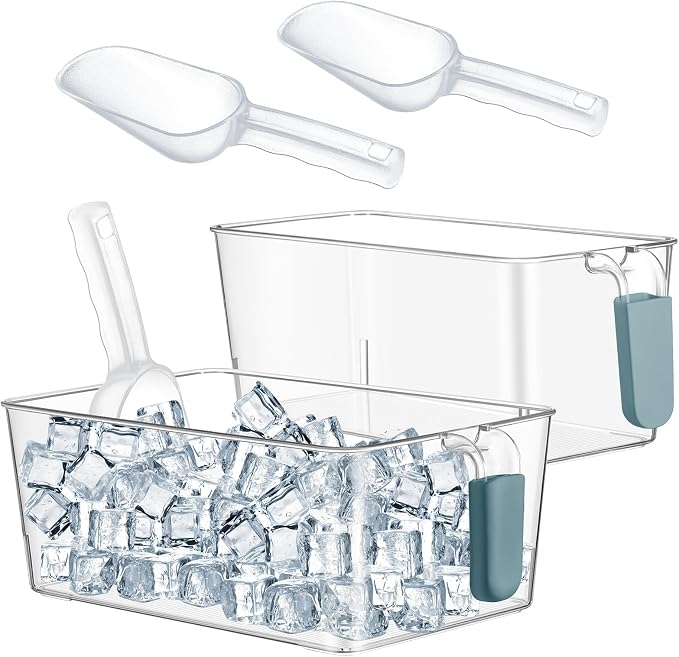 Havawish Ice Storage Bin and Flexible Scoop Set Plastic Freezer Bin | Freezer Ice Bin Scoop, Clear Bucket Container, Pull Handle, Flexible Storage, 10.83 X 7 X 4.33 In,10.83 X 4.92 X 4.33 in