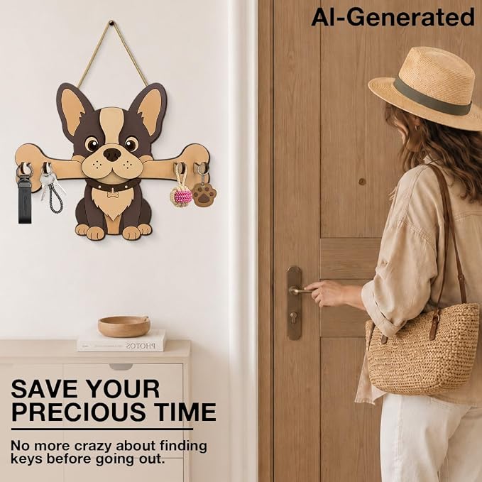 Dog Leash Holder for Wall, Cute Key Holder Wall Mount with 4 Keys Hooks, Dog Wooden Key Hooks for Collars, Entryway Garage Living Room Kitchen Mudroom