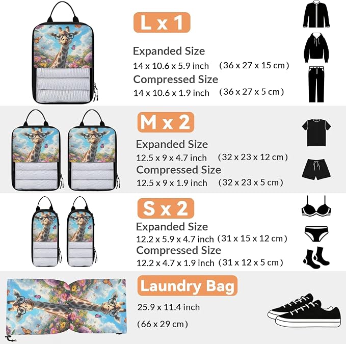 Giraffe 6 Set Compression Packing Cubes Cute Expandable Packing Organizer for Travel Accessories Luggage Suitcase Bag