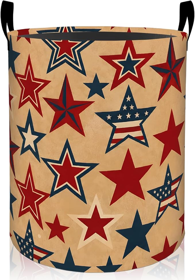 Patriotic Star Laundry Basket, Vintage Stars Foldable Oxford Cloth, Waterproof Dirty Clothes Hamper with Handles, Clothing Storage Bin Toy Organizer for Bedroom Dorm Bathroom, 19.7"x15.7"