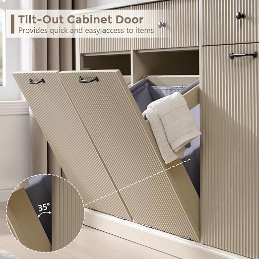 IFGET Triple Tilt Out Trash Can Cabinet, Modern Fluted Laundry Hamper Cabinet with 3 Drawers, 20 Gallon Hidden Wooden Garbage Can Cabinet w/Storage Basket & Adjustable Shelf, for Kitchen, Cream