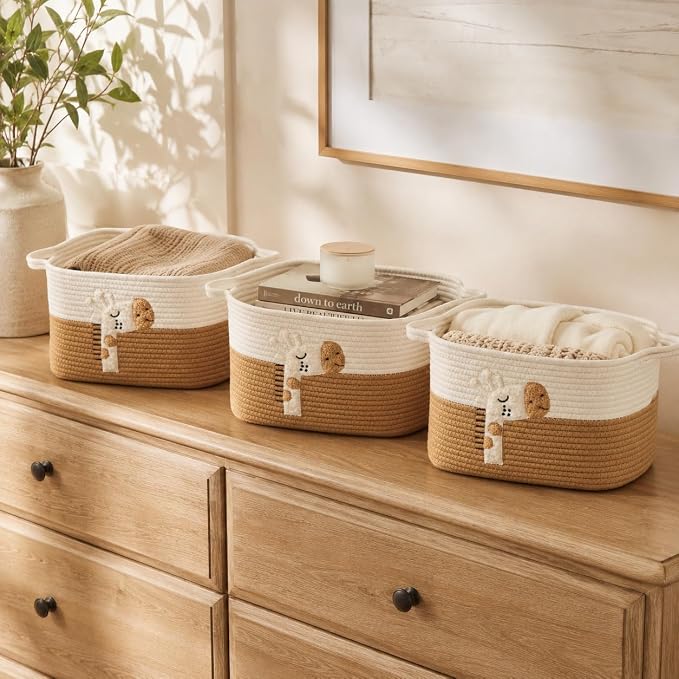 Storage Basket, Woven Baskets for Shelves, Giraffe | 3 Pack Boho Cotton Rope Storage Baskets, 14" x 9" x 8", Home Organizer for Nursery, Holds Toys, Books & Towels