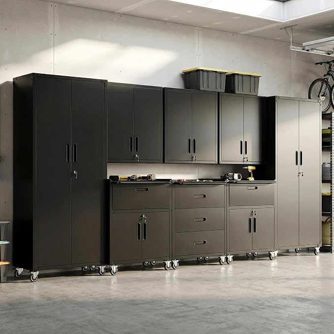 Garage Cabinet System | Heavy Duty Steel All-in-One Modular Garage Cabinet Set for Ultimate Workshop Organization | Easy Assembly Garage Storage Cabinets & Tool Bench