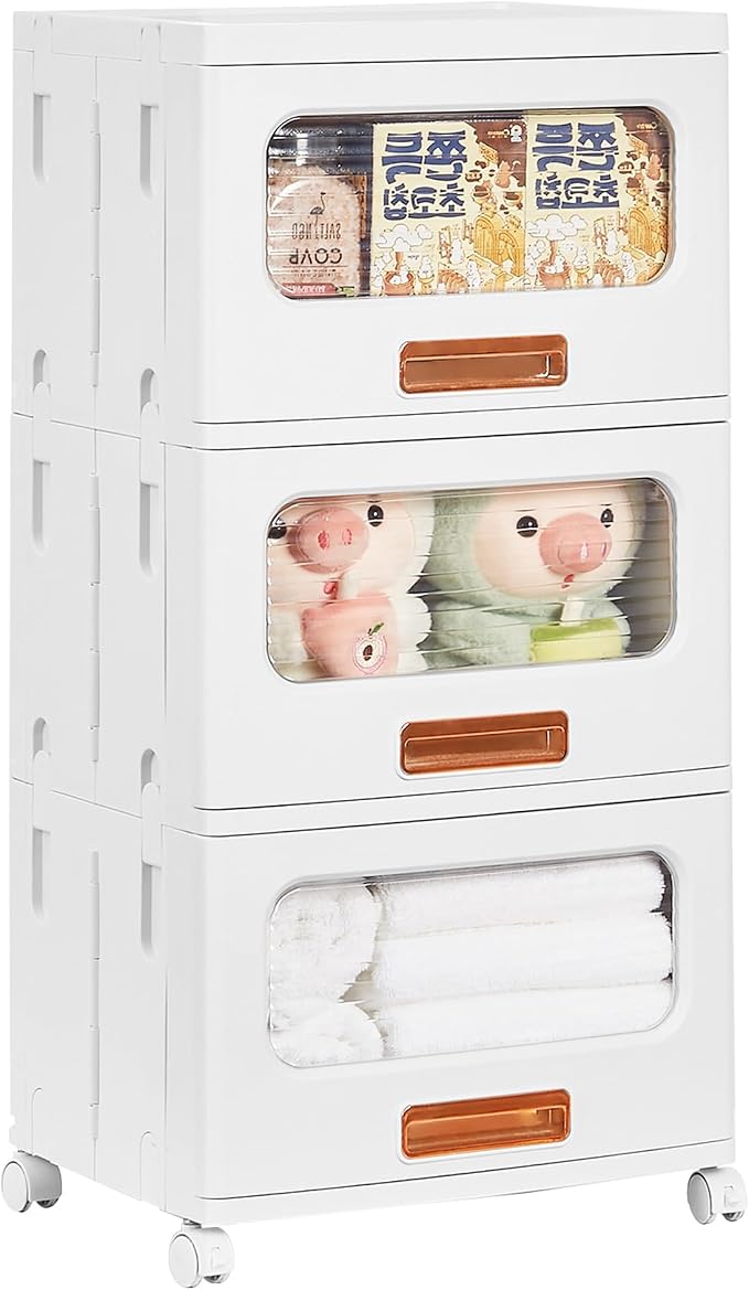 VECELO Plastic Storage Cabinet with Drawers, Stackable Storage Bins with Wheels, Waterproof Bathroom Storage Organizer, Multi-Tier Storage Drawers for Bedroom, Living Room, Kitchen, Medium 3-Tier
