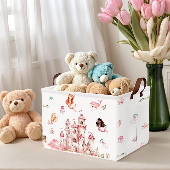 Cute Rectangle Baby Girl Gift Basket Toy Storage Bin Nursery Playroom Bedroom Decor (Pink Castle)